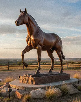 American Quarter Horse bronze statue standing on rock