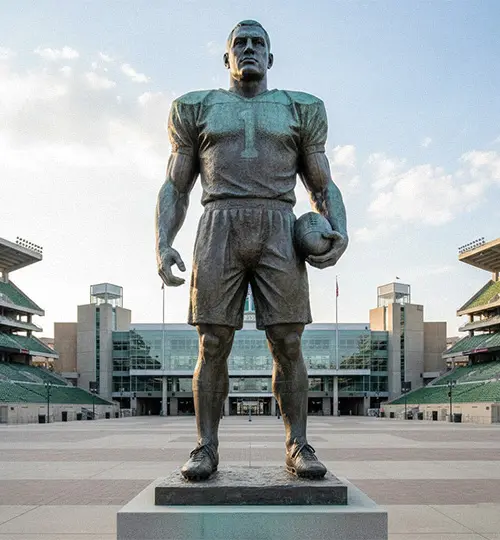 Life-size bronze rugby player statue outside a stadium, showcasing weatherproof and strong sports figure statues.