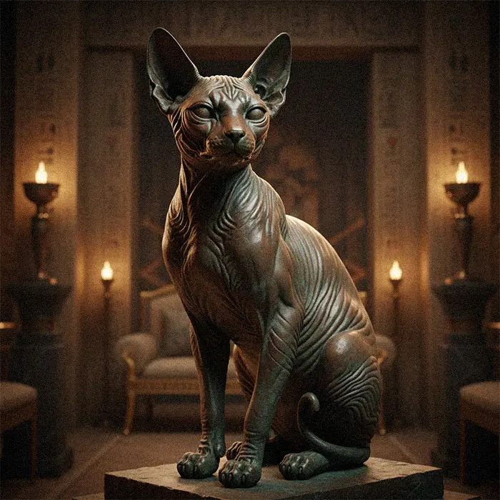 Bronze Sphynx hairless cat statue with wrinkled skin texture