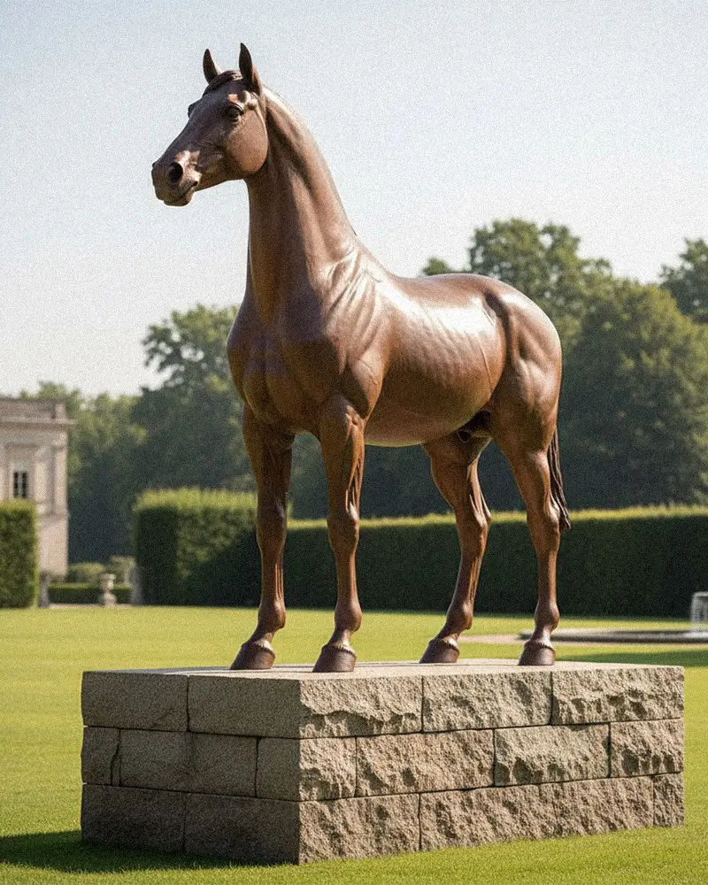 Life-size standing bronze horse garden statue side view