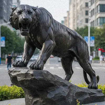 Roaring bronze tiger statue standing on rock base