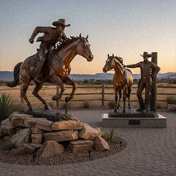 Bronze cowboy on horse statue western ranch entrance