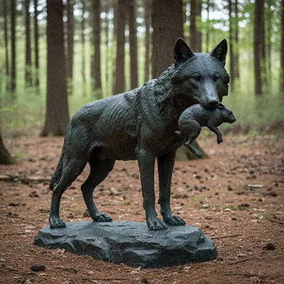 Running wolf statue carrying prey in mouth