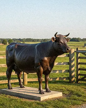 Bronze life-size dairy cow statue standing in field