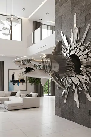 Stainless steel wall mounted shark sculpture