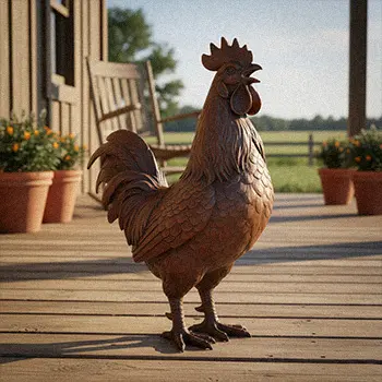 Life-size bronze rooster chicken statue standing on wooden porch