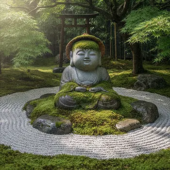 Peaceful Japanese Zen Garden Buddha statue or Jizo statue hidden in moss, creating a simple and quiet meditation space.