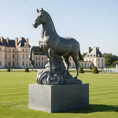 Running white marble horse sculpture on pedestal in park