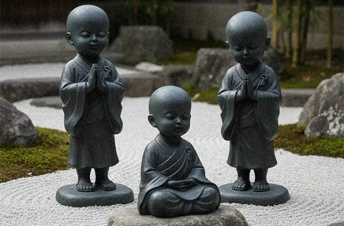 Three dark bronze Japanese Zen garden statues of meditating Jizo monks, creating a peaceful meditation space.