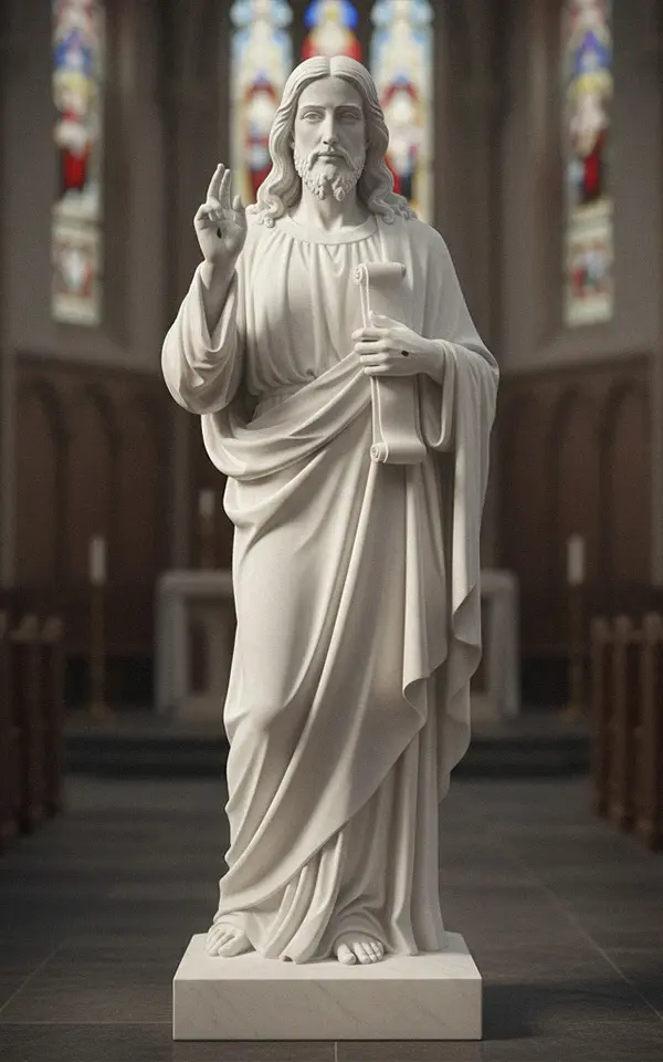 White marble standing Jesus statue holding scroll inside church