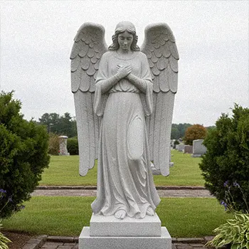 Standing white marble cemetery angel statue with hands on chest