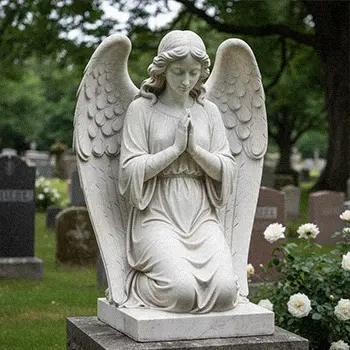 Close up of praying hands and feather details on marble angel sculpture
