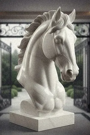 Close up of white marble horse head sculpture on pedestal