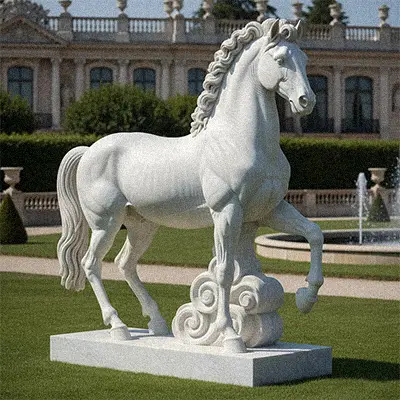 Classic white marble horse statue walking pose for garden