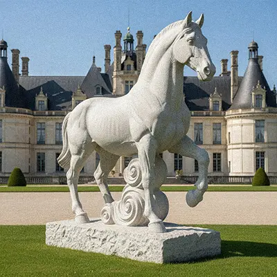 Large white marble horse statue standing in front of french chateau