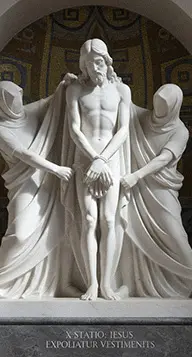 White marble 10th Station of the Cross Jesus is stripped of his garments