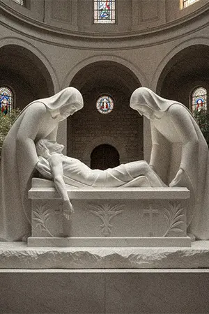 White marble Stations of the Cross plaque Jesus laid in the tomb