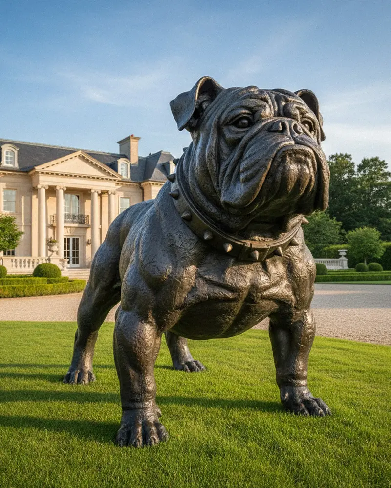 Large outdoor bronze bulldog statue standing on green lawn