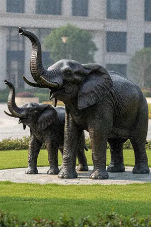 Bronze mother and baby elephant statues walking on grass