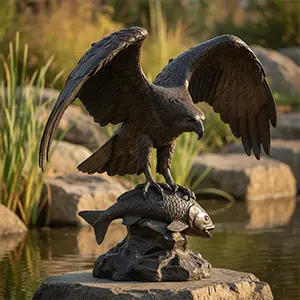 Bronze osprey statue fish hawk holding a fish near water