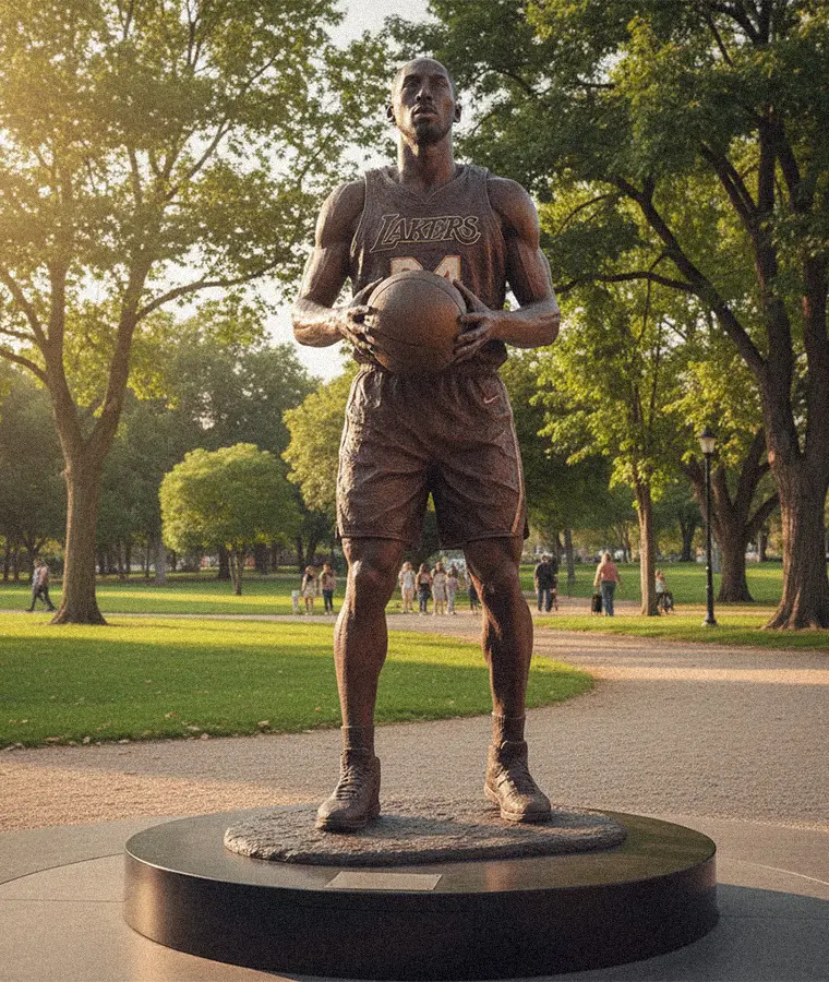 Life-size bronze Kobe Bryant basketball statue in a park, representing sports figure statues and athlete sculptures.