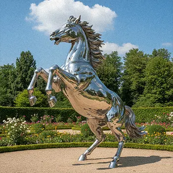 Life-size stainless steel rearing horse garden statue