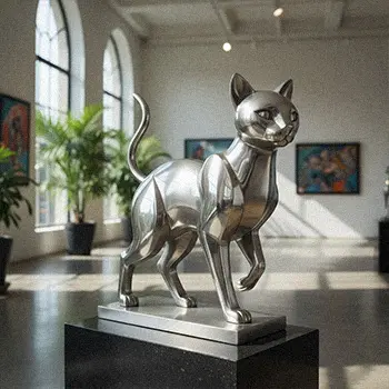 life-size stainless steel cat sculpture