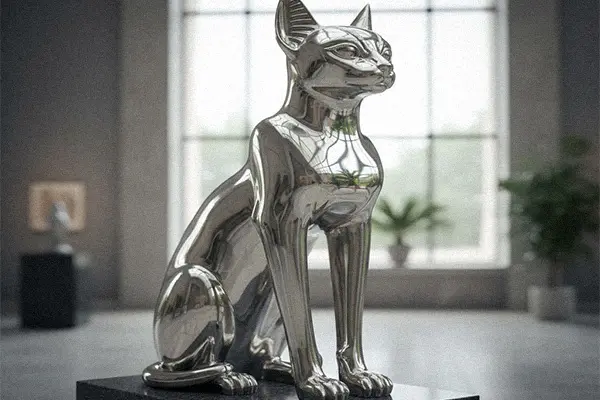Mirror polished stainless steel abstract cat sculpture