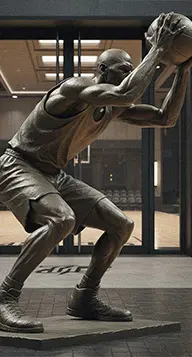 Bronze Michael Jordan style basketball statue in a dynamic dunking pose, perfect tribute to legends.
