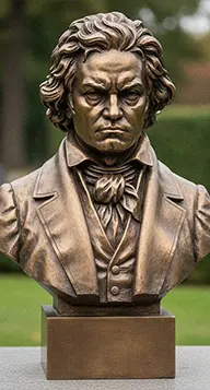 Antique bronze bust statue of Beethoven with detailed facial expression