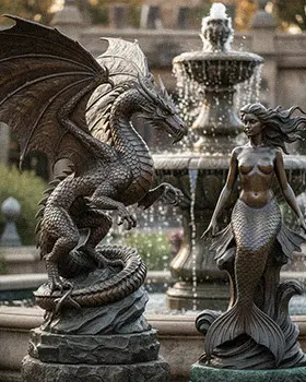 Large bronze dragon and mermaid fountain statues