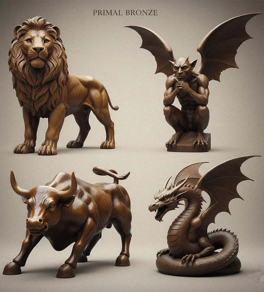 Collection of bronze animal sculptures lion gargoyle bull and dragon