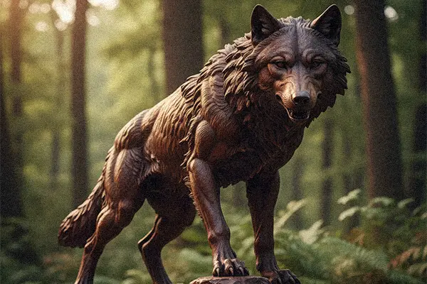 Life-size bronze wolf statue walking in forest