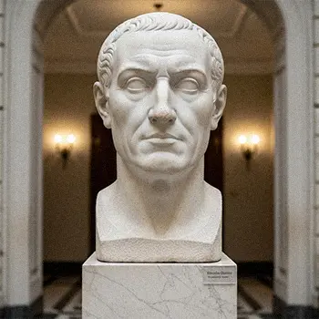 Marble Roman bust statue placed on a matching stone plinth base