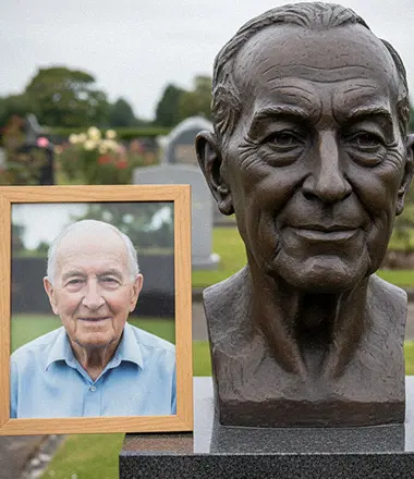 Memorial bronze bust sculpture of an elderly smiling man with his framed photo, highlighting spirit and likeness for tributes.