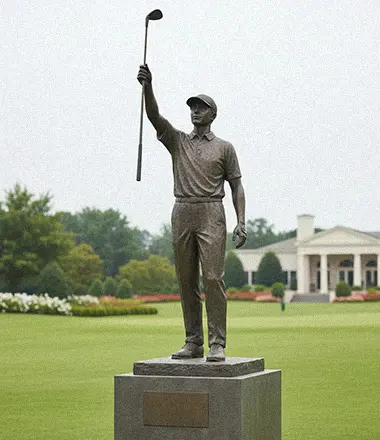 Custom tournament golf statue with club logo cast into the bronze base, ideal for awards.