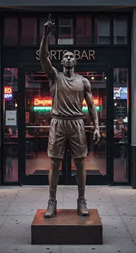 Bronze Kobe Bryant style basketball statue with finger pointing to the sky, honoring the Mamba's focus and dedication.
