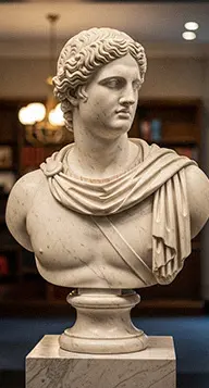 Classic white marble bust sculpture of a young man with pure surface