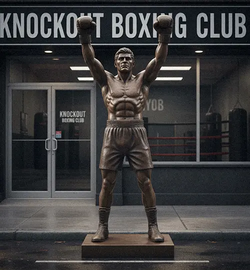 Life-size Rocky statue replica in bronze with arms raised in victory, ideal for gym entrances and boxing clubs.