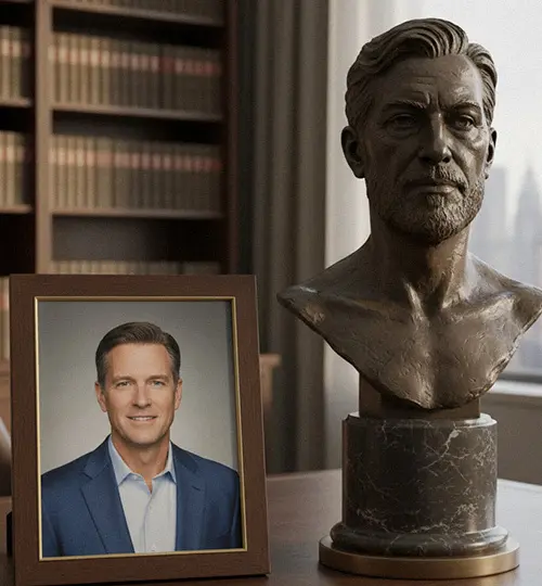 Custom bronze bust of a successful businessman displayed next to his framed photo, symbolizing legacy and success.