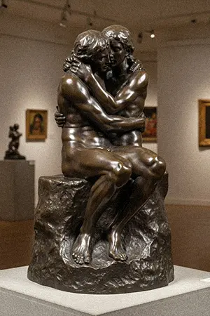 Bronze replica of Rodin's The Kiss statue showing emotional embrace