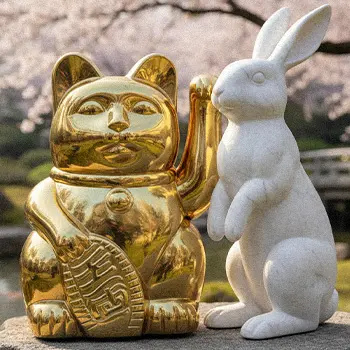 Gold and white lucky cat and rabbit garden statues