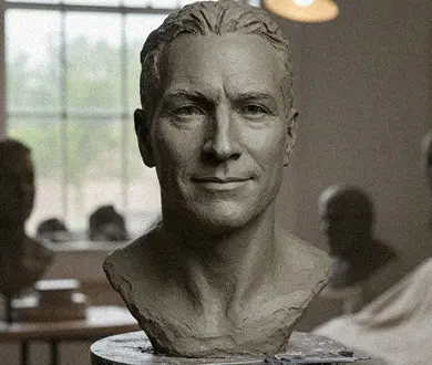 Clay model of a man's bust sculpture, showing the initial stage of custom bust from photo process.