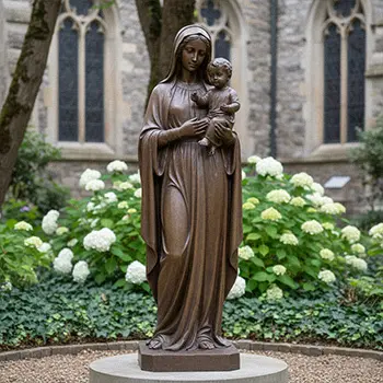 Bronze Madonna and Child statue Virgin Mary holding Baby Jesus