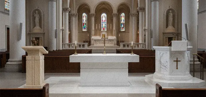 Full church interior design project featuring matching marble altar and pulpit