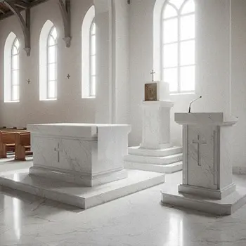 Matching marble liturgical furniture set including altar and chairs