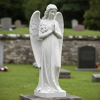 Standing praying angel statue holding rosary beads