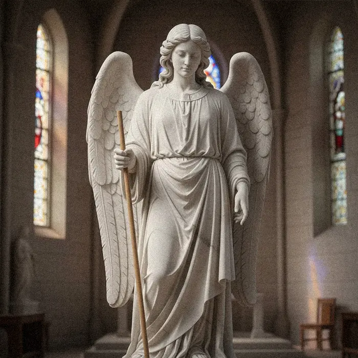 White marble angel statue holding a staff in church interior