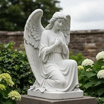 Hand carved white marble kneeling angel statue side view