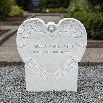 Angel wing headstone carved in heart shape with engraving space